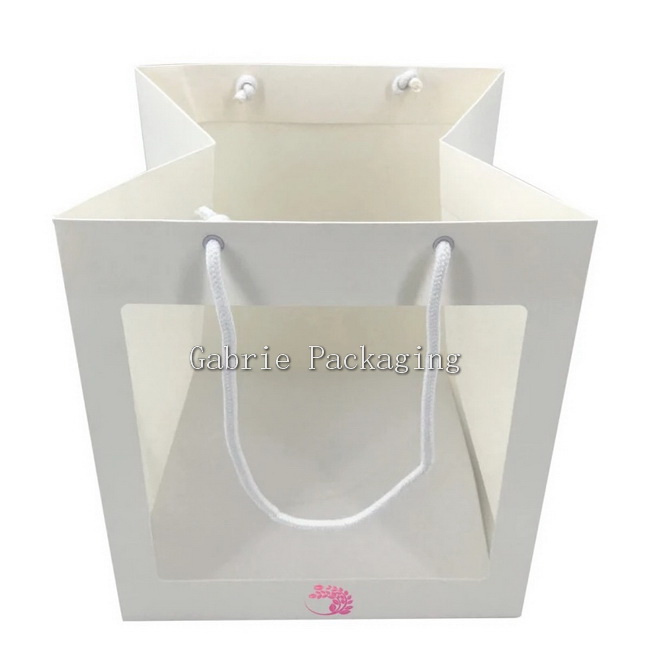 Custom Flowers Gift Packaging White Paper Bags with PVC Clear Windows